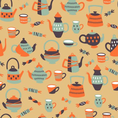 Tea Elementli Kusursuz Desen. Çaydanlıklar, Kupalar ve Tatlılarla Arka plan. 