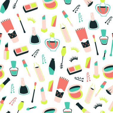 Beyaz Arka Planda Elle Çizilmiş Kozmetiklerle Dikişsiz Desen