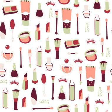 Doodle Style Kozmetik Elemanları Dikişsiz Desen.