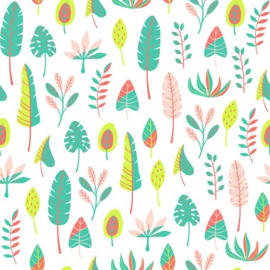 Egzotik orman Dikişsiz desen beyaz arka plan üzerinde bitkiler..