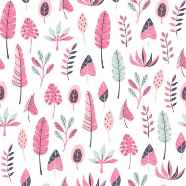 Egzotik orman Dikişsiz desen beyaz arka plan üzerinde bitkiler..