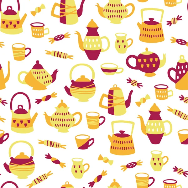 Zökkenőmentes tea minta csészék, edények és a Candy. Kézzel rajzolt vektoros illusztráció. — Stock Vector
