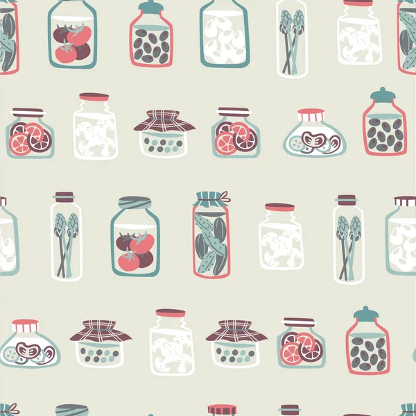 Seamless Pattern with Pickled Food - Cucumber, tomatoes, Olives, Peas, Eggs, Mushrooms. — Stock Vector