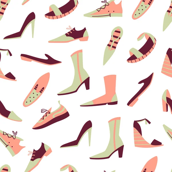 Modello senza cuciture con diverse scarpe Doodle. Illustrazione vettoriale disegnata a mano . — Vettoriale Stock