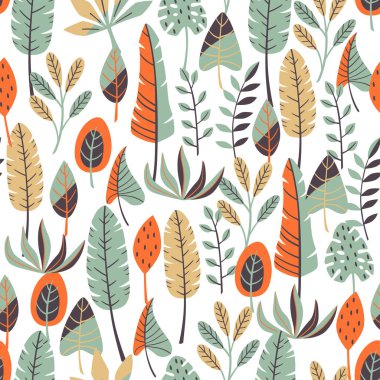 Egzotik orman Dikişsiz desen beyaz arka plan üzerinde bitkiler..