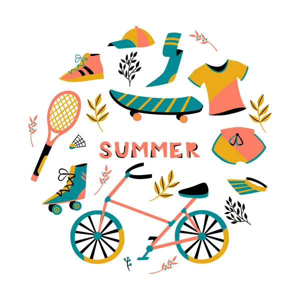 Abstract Sports Hand Drawn Vector Symbols. Collection of Hand Drawn Summer Sport Equipment. — Stock Vector