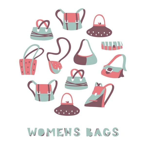 Conjunto de objetos Doodle Bags diferentes. Ilustración vectorial dibujada a mano — Vector de stock