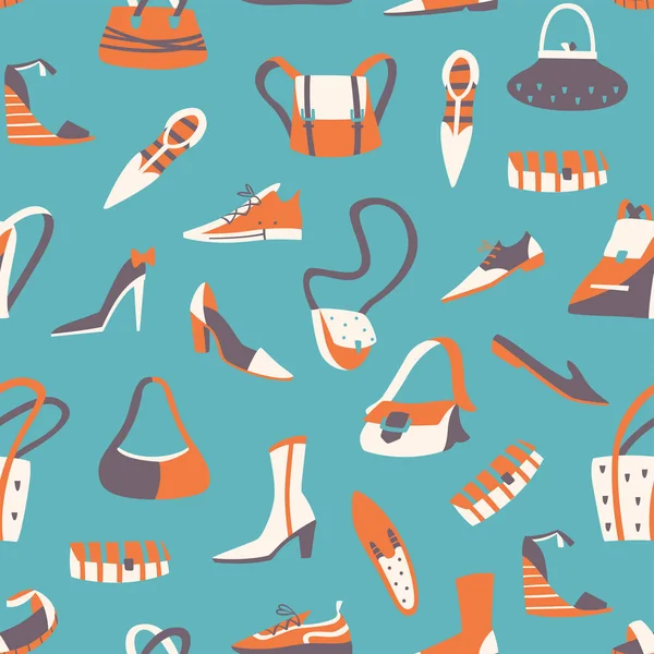 Bezproblémový vzor s různými botami a pytli. Vektorový kreslení rukou – ilustrace. — Stockový vektor