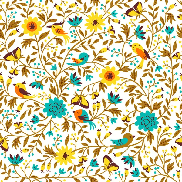 Doodle Style Kuşlar ve Yapraklar ile El Çizilmiş Vektör Dikişsiz Çiçek Desen.
