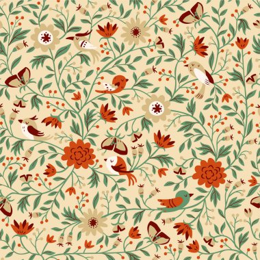 Soyut Çiçekler, Yapraklar ve Kuşlar ile Tasarım için Dikişsiz Desen.