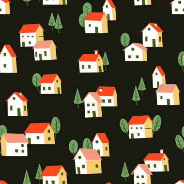İskandinav Tarzı 'ndaki Doodle Evleri ve Ağaçları ile Kusursuz Desen.