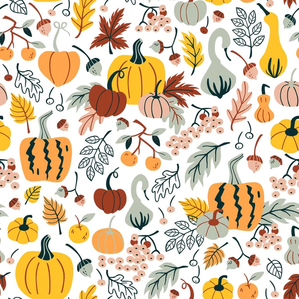 Seamless Hand Drawn Pattern with Pumpkin, Herbs and Berry. — Stock Vector