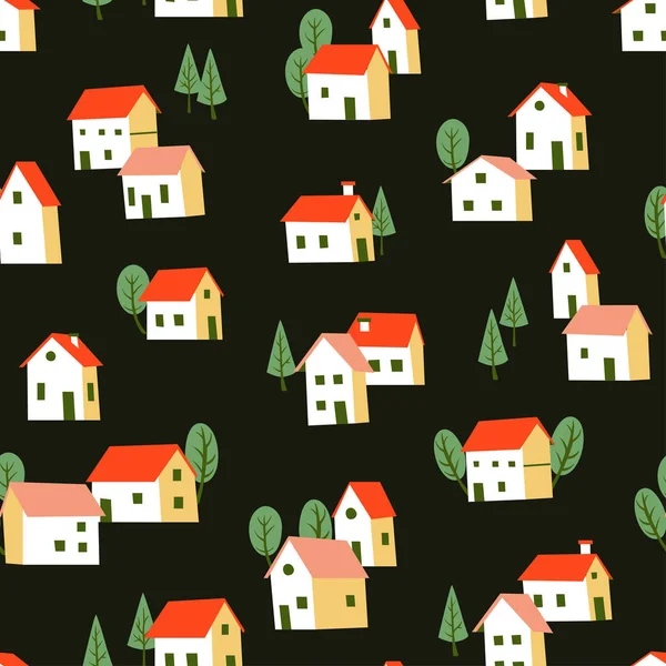 Płynny wzór z Doodle domów i drzew w stylu skandynawskim. — Wektor stockowy