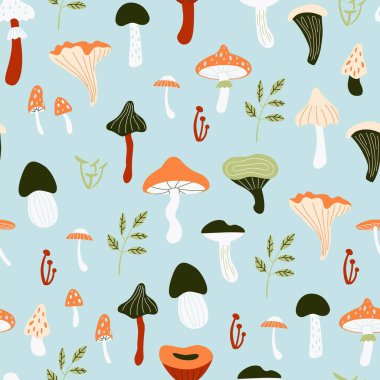 Orman mantarlı kusursuz karalama deseni. El çizimi vektör illüstrasyonu.