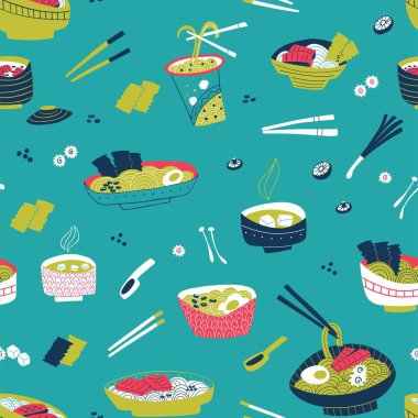 Kusursuz desenli eller geleneksel Japon yemeklerini çekiyor. Vektör karalama çizimi.