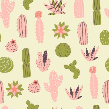 Farklı kaktüslü, pürüzsüz bir şekil. Vektör karalama çizimi.