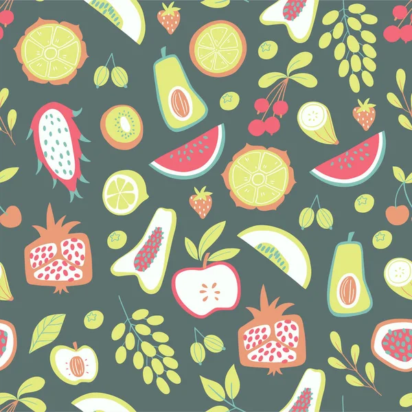 Cute Fruit Summer Seamless Pattern Vector Hand Drawn Illustration — Stock Vector