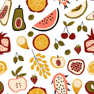 Beyaz arka planda karalama tropikal meyveleri olan kusursuz desen