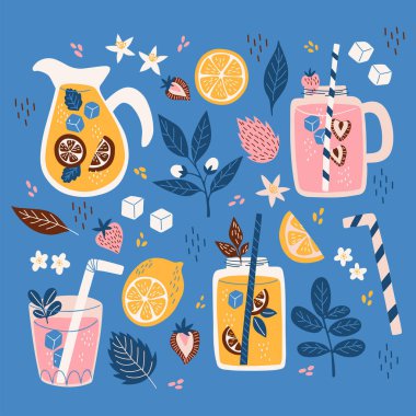 El yapımı yaz limonata seti. Limon, çilek, mavi arkaplanda nane..