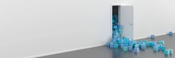 Нескінченні Кольорові Кубики Виходять Дверей Оригінальний Рендеринг — стокове фото