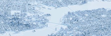 3D mavi kentsel ve fütüristik şehir binaları modeli ile Köprü ve okyanus  