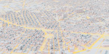 3D kentsel ve fütüristik şehir binaları modeli, havadan görünümü