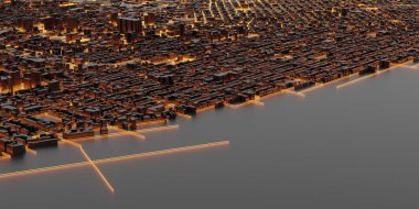 siyah kahverengi kentsel ve fütüristik şehir binaları modeli ve okyanus 