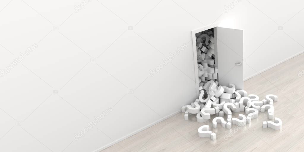 white question marks falling out from opened door, 3d rendering illustration