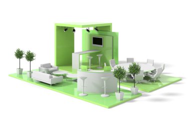 3D yeşil sergi stand model beyaz arka plan üzerinde
