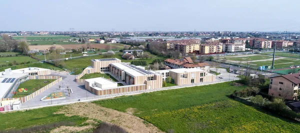 Generic commercial district under construction, aerial photo