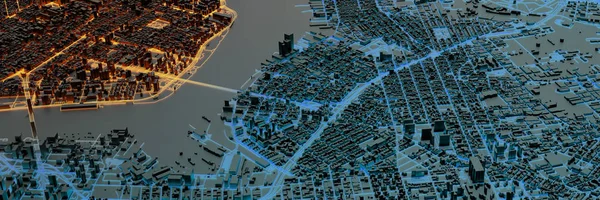 Beleuchtete Braun Blaue Futuristische Stadtgebäude Modell Mit Fluss Und Brücken — Stockfoto