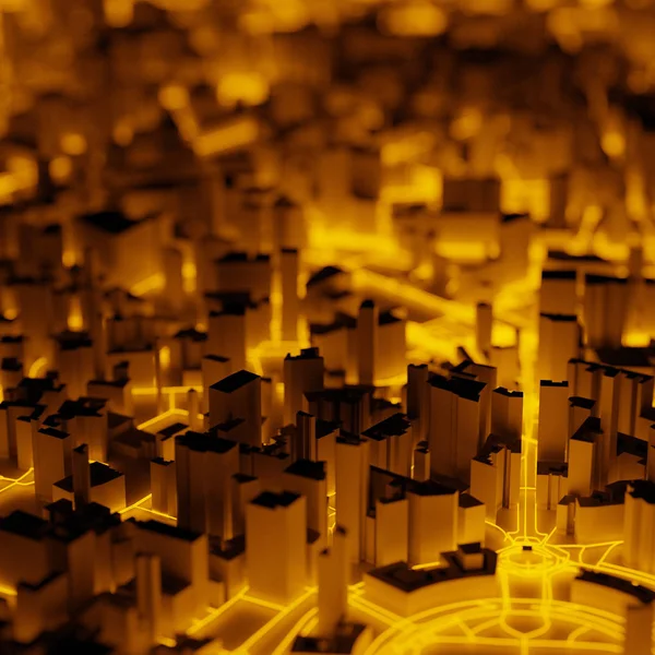 Iluminado Dourado Urbano Futurista Cidade Edifícios Modelo Luzes — Fotografia de Stock