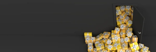 Κίτρινο Δώρο Κουτιά Ασημί Γυαλιστερό Κορδέλες Πάρει Έξω Από Την — Φωτογραφία Αρχείου