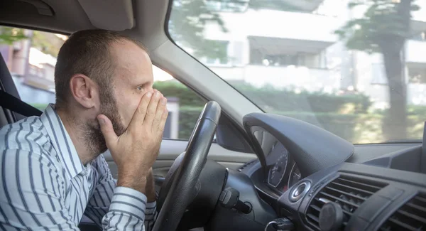 Shocked Caucasian Man Driving Car Covering Mouth Hand — Stock Photo, Image