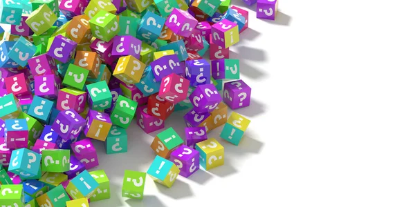 colorful cubes with questions and exclamation marks, 3d rendering