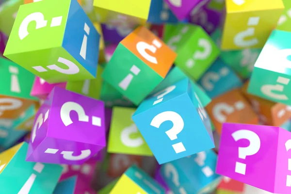 colorful cubes with questions and exclamation marks, 3d rendering full frame