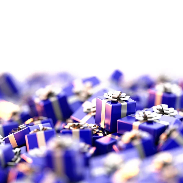 Блестящие Фиолетовые Яркие Подарочные Коробки Лентами — стоковое фото