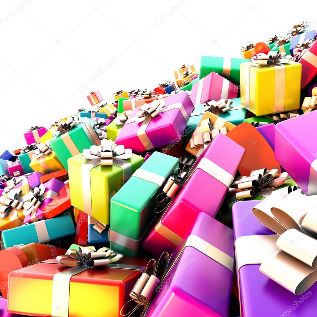 shiny colorful bright gift boxes with ribbons isolated on white