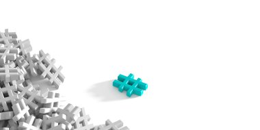 Beyaz arka planda, özgün hashtags 3d render illüstrasyon. Farklı bir simgeyle ve out kalabalıktan.