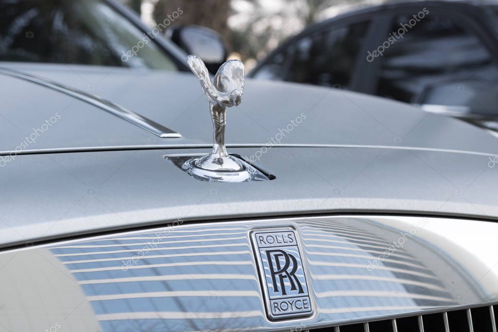 DUBAI, United Arab Emirates - CIRCA APRIL 2017: Rolls Royce iconic badge, close up view.