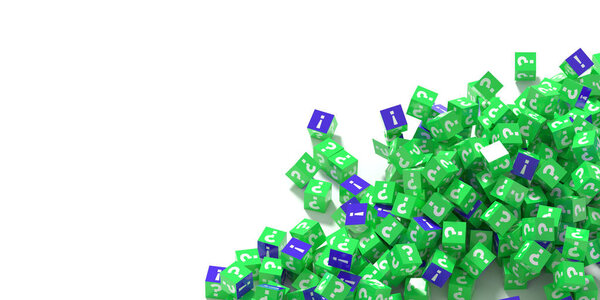 Бесконечные кубики с вопросительными и восклицательными знаками, 3d рендеринг