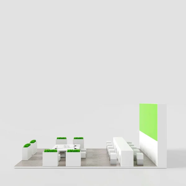 白と緑の展示ブース レンダリング — ストック写真