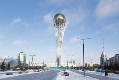 Astana, Kazakistan 'ın başkenti. Bu şehir, Dünya Fuarı 2017 olacak. Fotoğraf soğuk bir kış gününde çekildi..