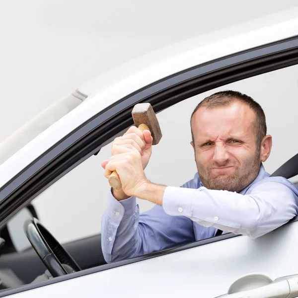 Aggressive Violent Driver Armed Hammer — Stock Photo, Image