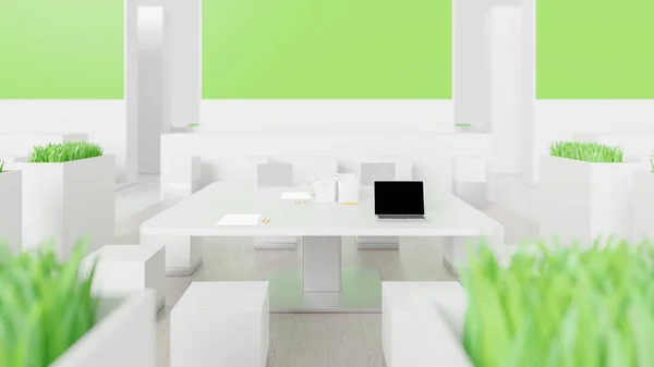 空白色和绿色陈列柜 复制空间插图 零售概念 — 图库照片