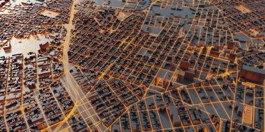 Tekno mega şehir; kentsel ve geleceksel teknoloji kavramları, orijinal 3D tasarım