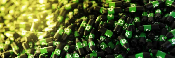 Infinitas botellas de plástico con icono de reciclaje; renderina 3D original — Foto de Stock