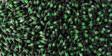 Geri dönüşüm simgesi ile sonsuz plastik şişeler; orijinal 3d renderin