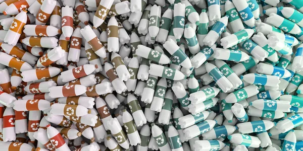 Garrafas de plástico infinito com ícone de reciclagem; renderin 3d original — Fotografia de Stock
