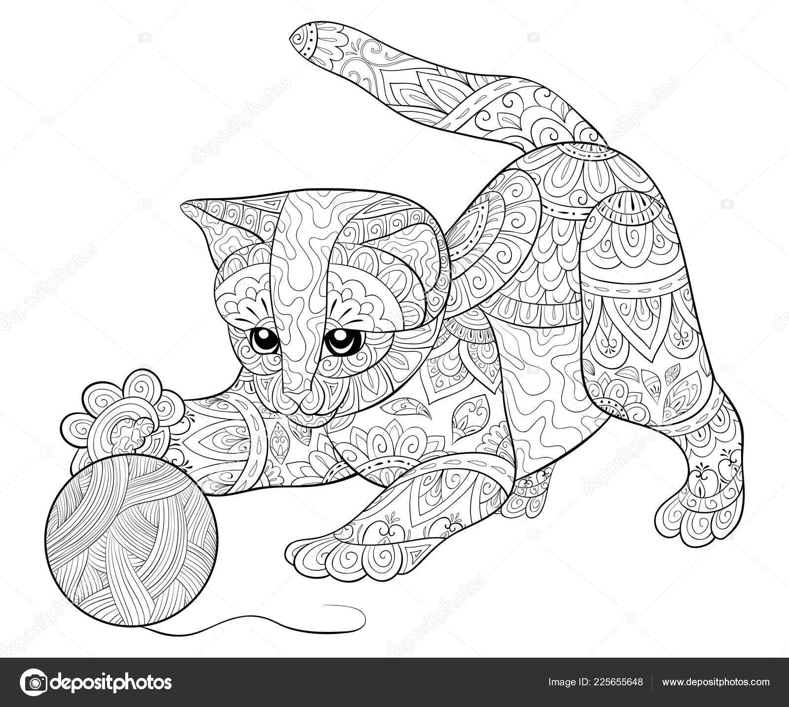 Adult Coloring Book Page Cute Cat Playing Ball Image Relaxing Stock Vector  by ©nonuzza 225655648